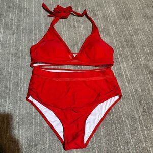 Suuksess Cherry Red High Waist Halter Neck Mesh Bikini Swimsuit XL NWT